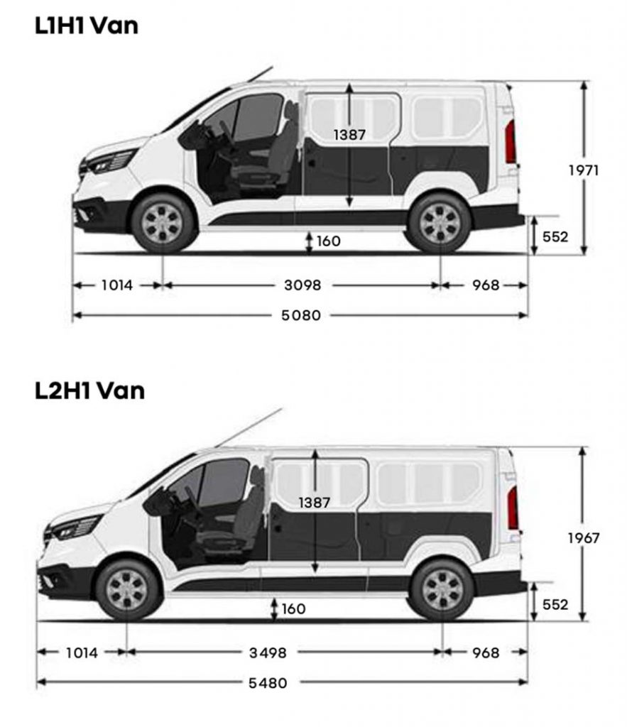Side profile view of the standard roof  height Renault Trafic with the Renault Trafic dimensions annotating it in mm