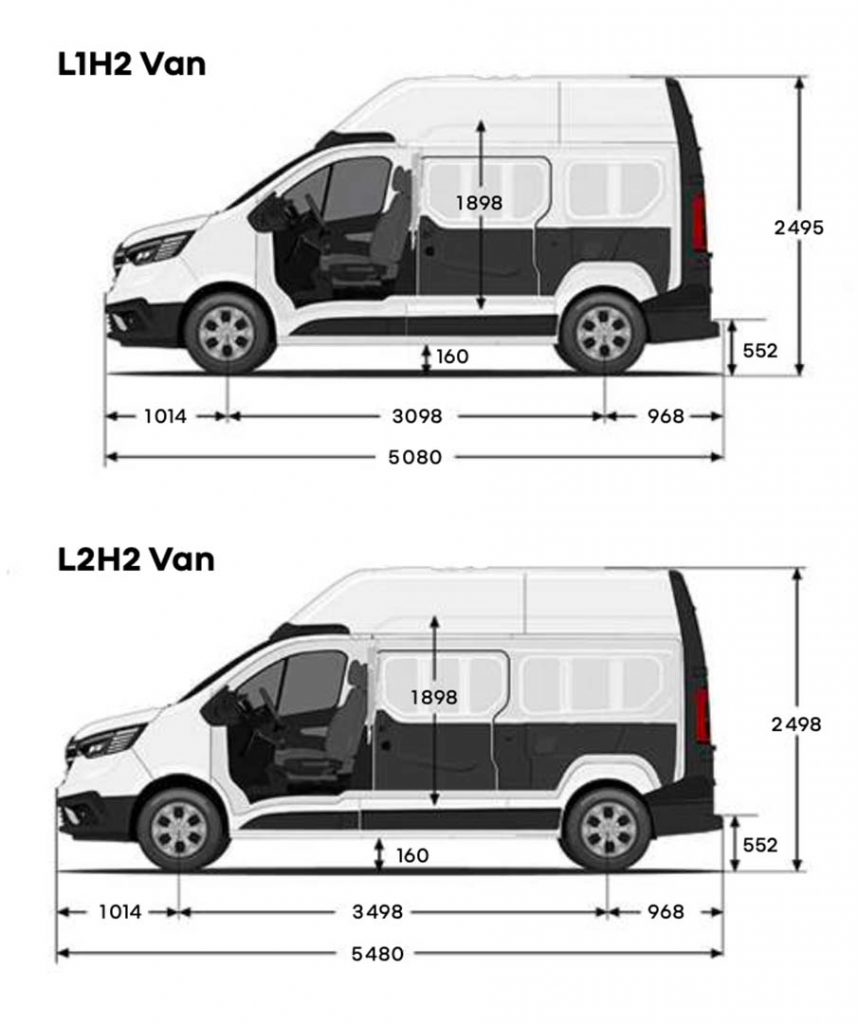 Side profile view of the high roof Renault Trafic with the Renault Trafic dimensions annotating it