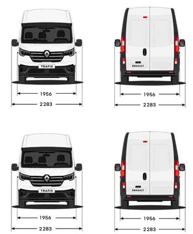 Line drawing of the measurements for the Renault Traficd dimensions