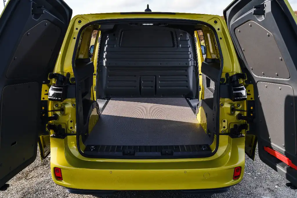 Volkwasgen ID Buzz with rear cargo doors wide open to show dimensions