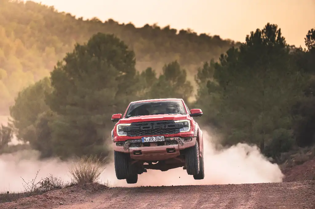 Ford Ranger Raptor in mid-air with all four wheels off the ground