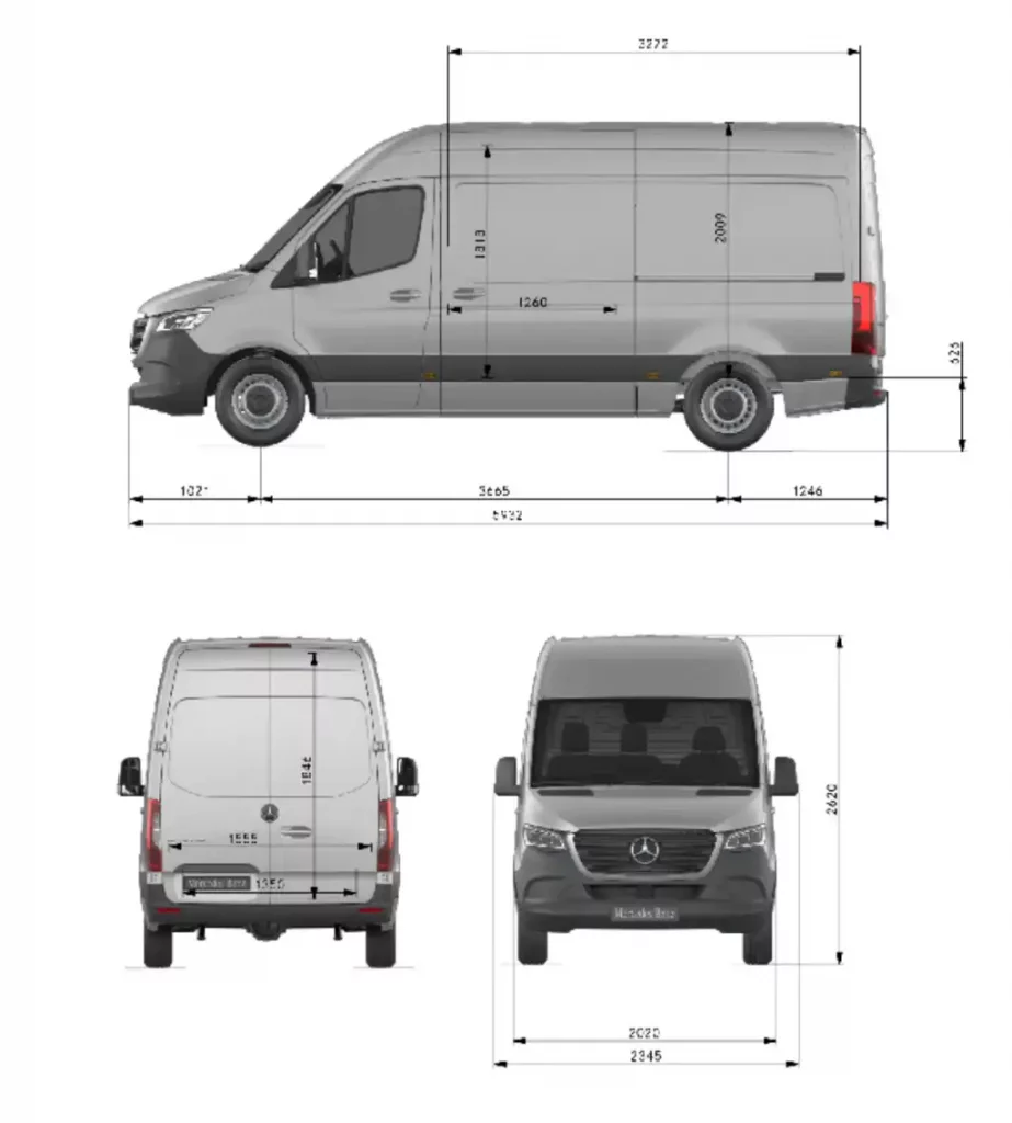 Mercedes-Benz Sprinter L2H2 dimensionsof a MWB van with numeric values in mm