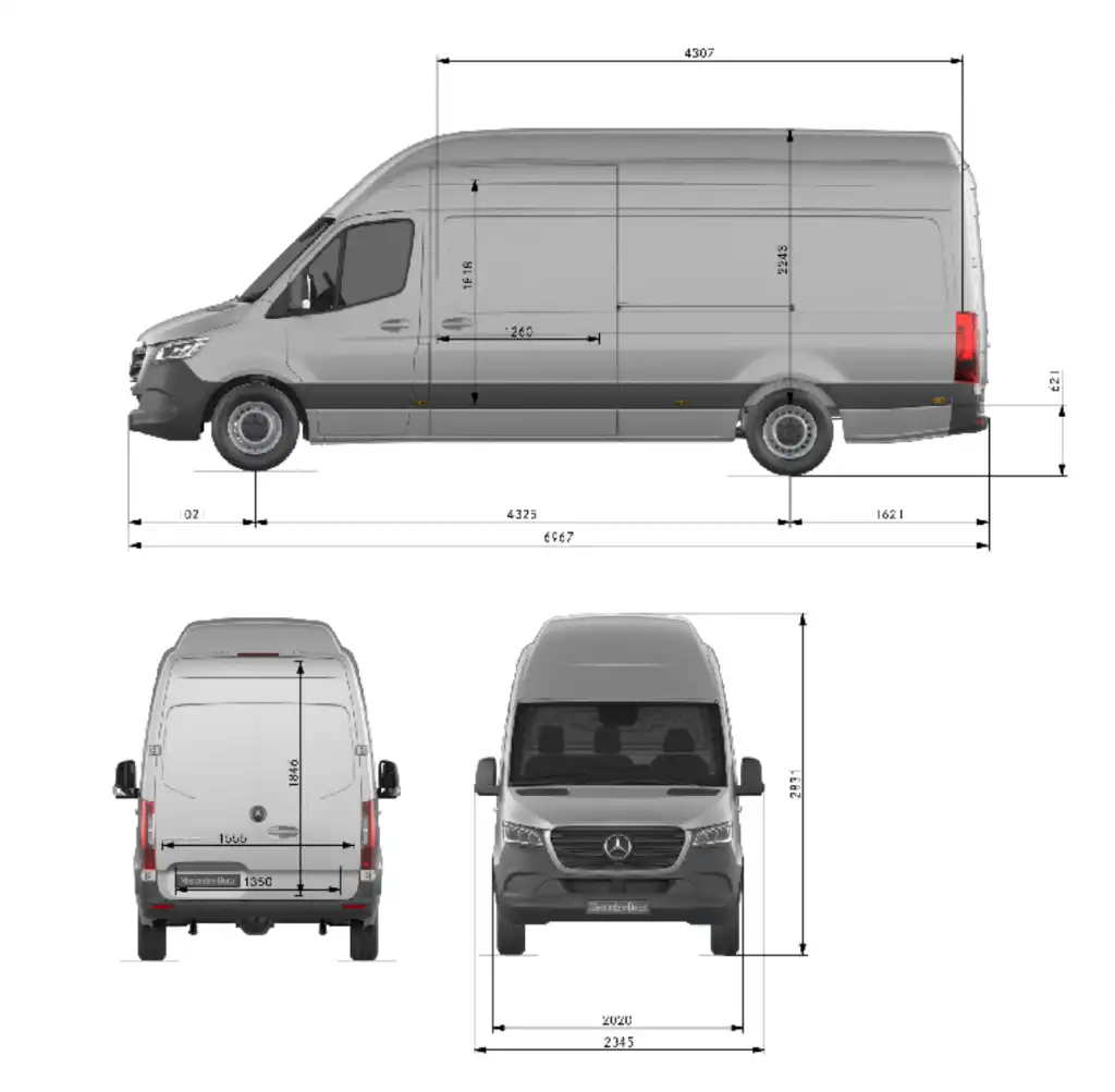 Merceds-Benz Sprinter L3H3 LWB high roof van dimensions with numberic values in metric