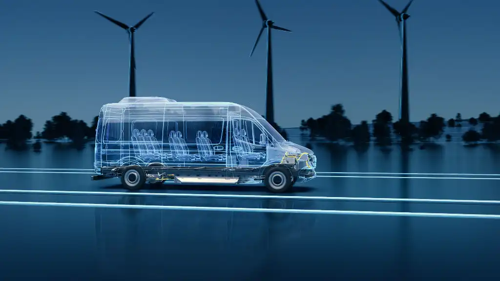 A blue line drawing of a minibus van with an electric drivetrain, the background has wind turbines