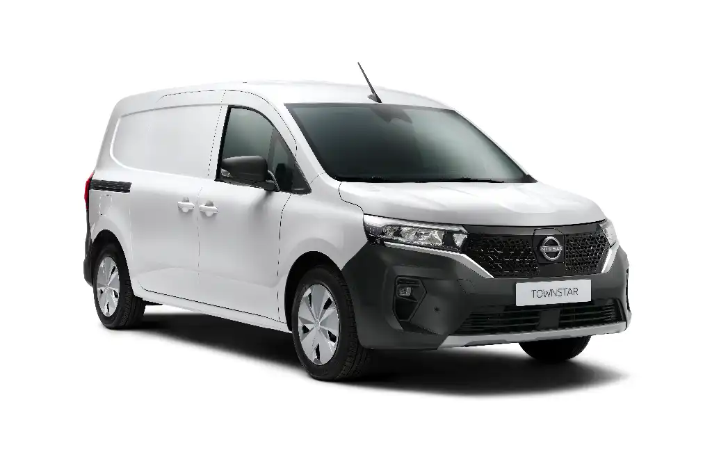 Nissan Townstar in white on a white background, front three quarters picture.