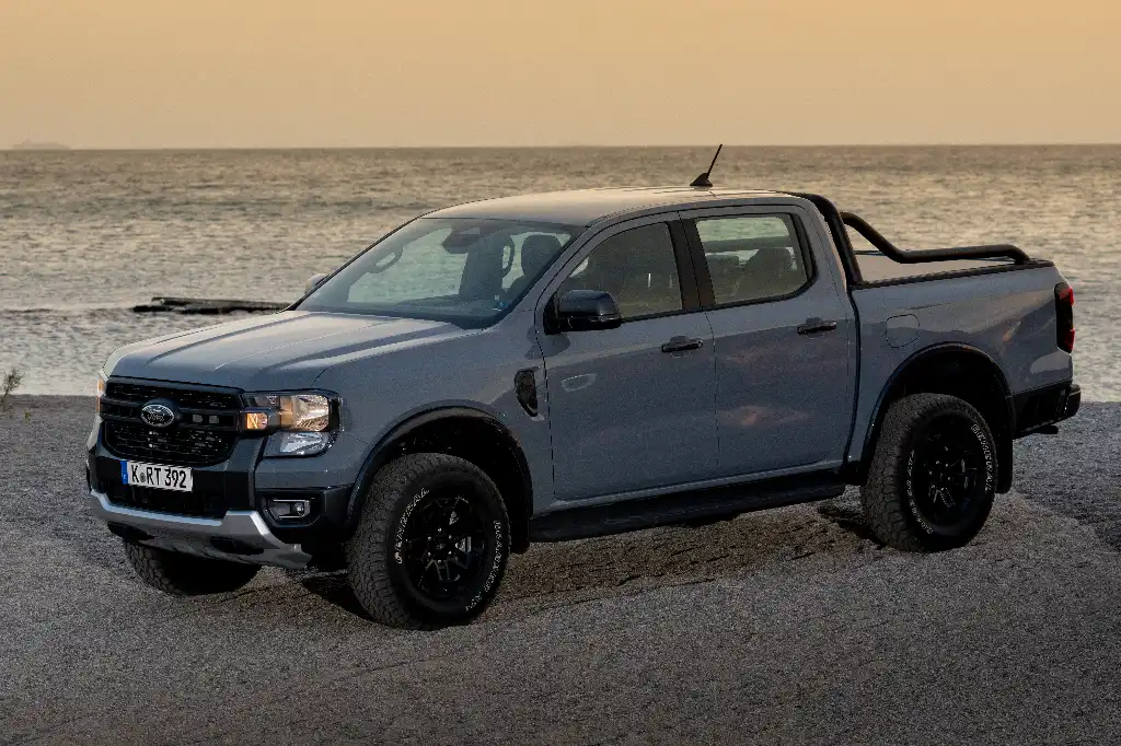 front three quarter view of the Ford Ranger Tremor on a beach at dusk