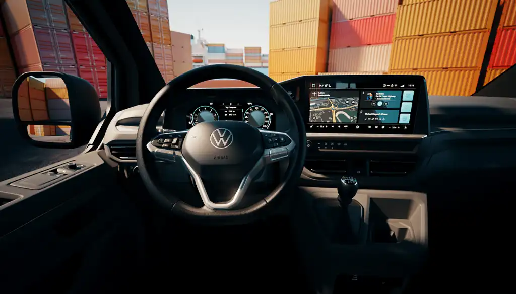 Volkswagen Transporter dashboard and steering wheel head on