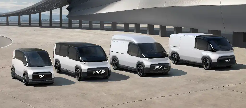 Kia new PVB line-up including the PV1, PV5, PV5 High roof and PV7
