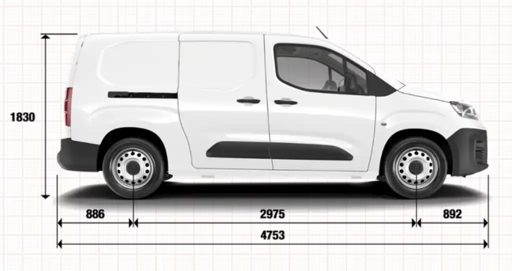 Dimensions of a Fiat e-Doblo on a diagram with the measurements for the long-wheelbase model van
