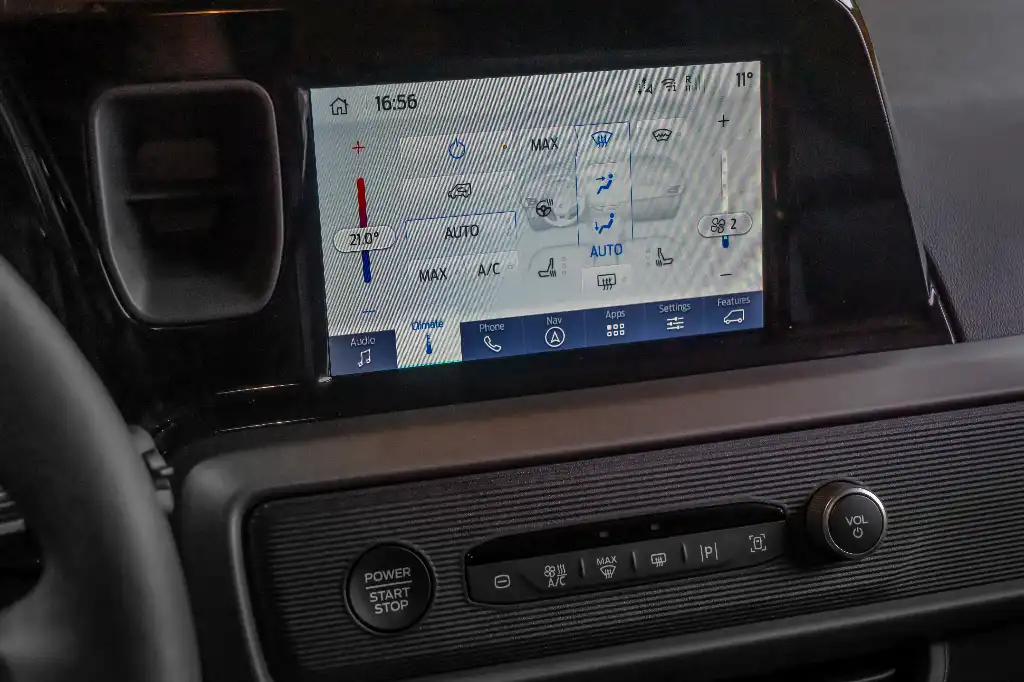 Close-up of the multimedia screen with heating controls