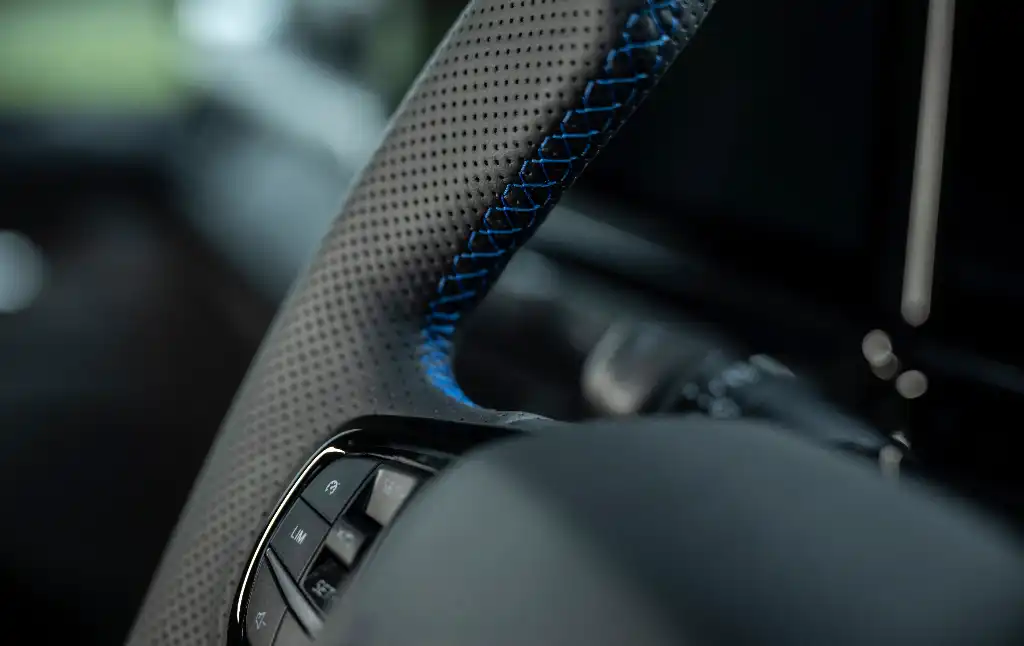 blue stitching on steering wheel