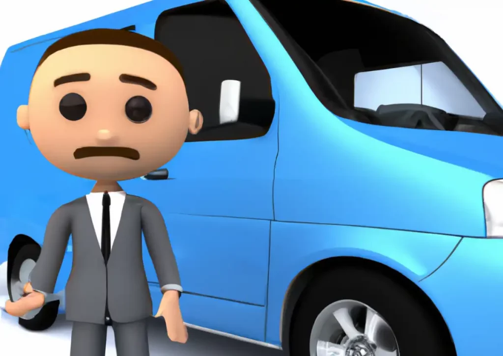 A van insurance salesman next to a blue van, as a 3D cartoon character