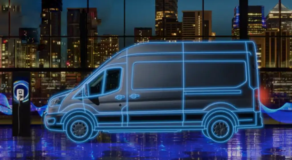 Ford E-Transit dimensions with a Tron like outline and electric charging point against a city skyline