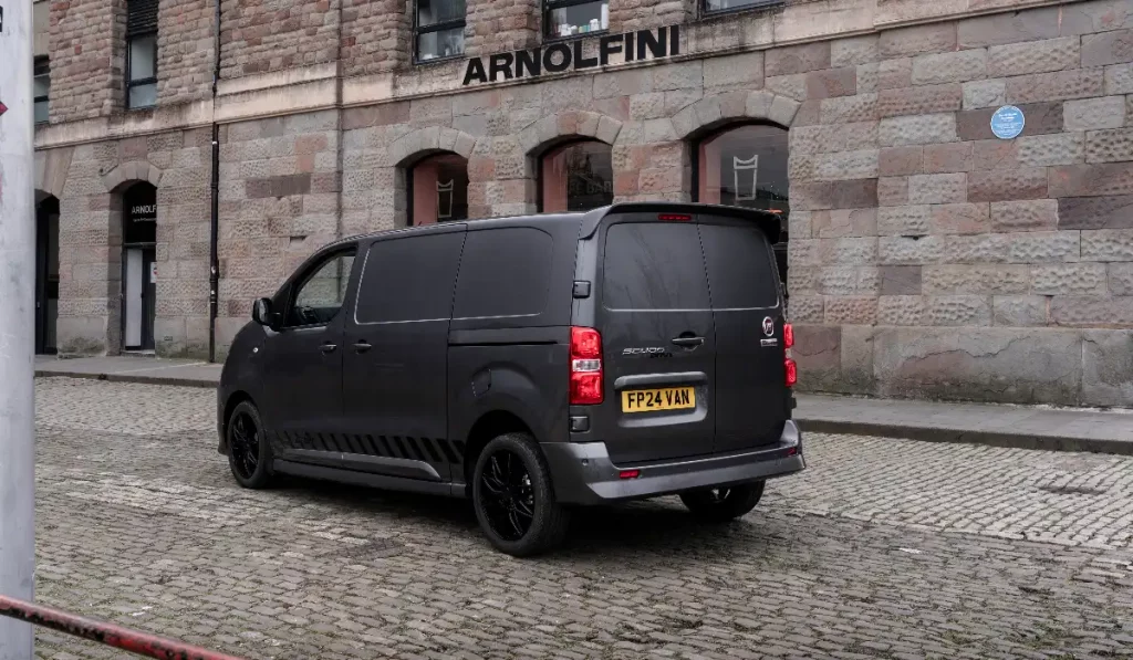 Rear view of the Fiat Scudo Onyx parked on a cobbled street