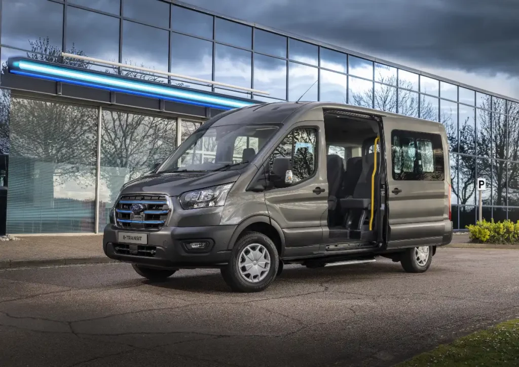 Ford E-Transit minibus with side door open
