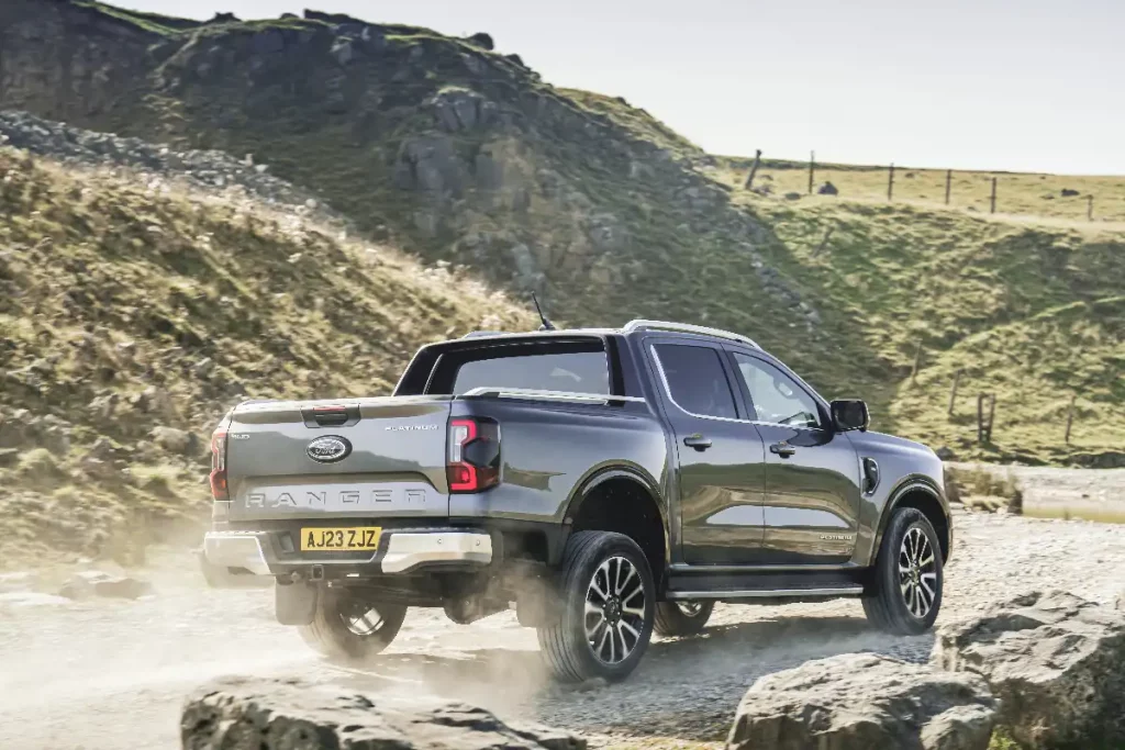 rear view of Ford Ranger Platinum driving off-road