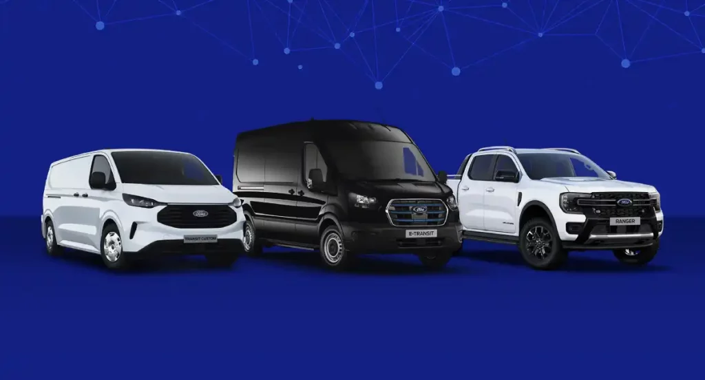 Ford Drive vehicles with Transit Custom, E-Transit and Ranger on a blue background