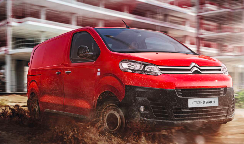 Citroen Dispatch driving through mud from the brochure for towing capacity