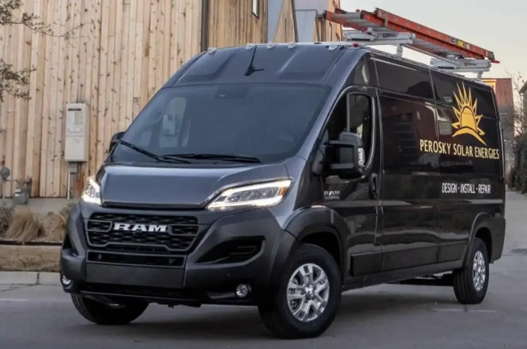 Ram ProMaster cargo van in livery for perosky solar energies for an example of the towing capacity 