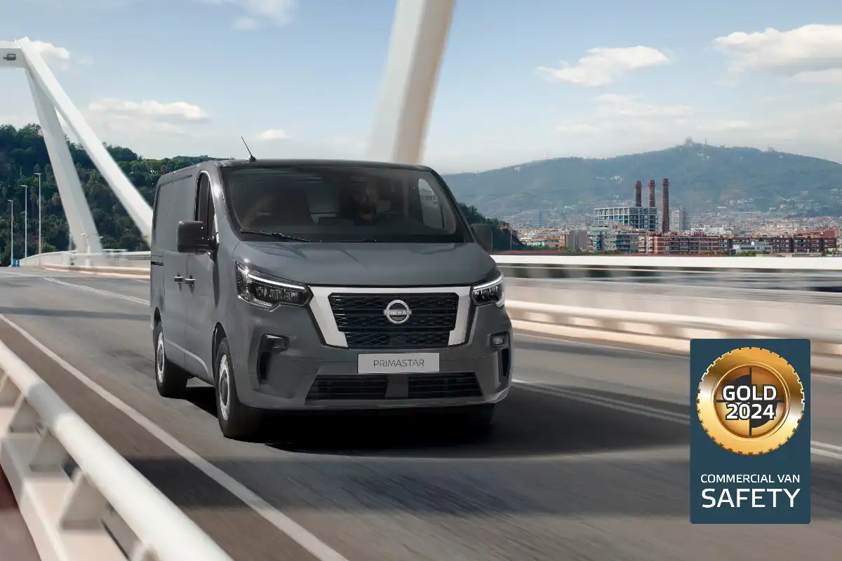 Nissan Primastar on the road with a EuroNCAP badge showing its Gold safety rating 2024