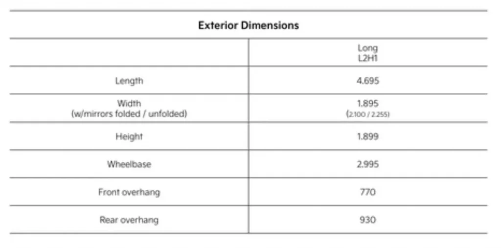 Kia PV5 exterior dimensions