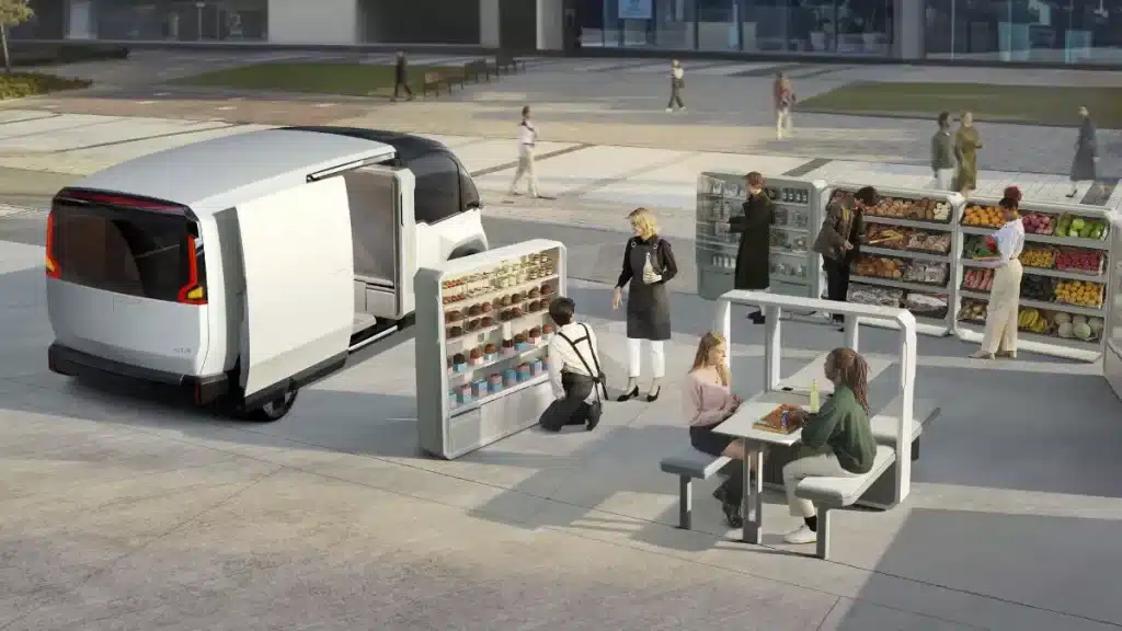 Kia PV7 dimensions concept with people and shops