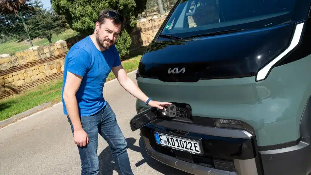 Kia PV5 charging socket and George Barrow