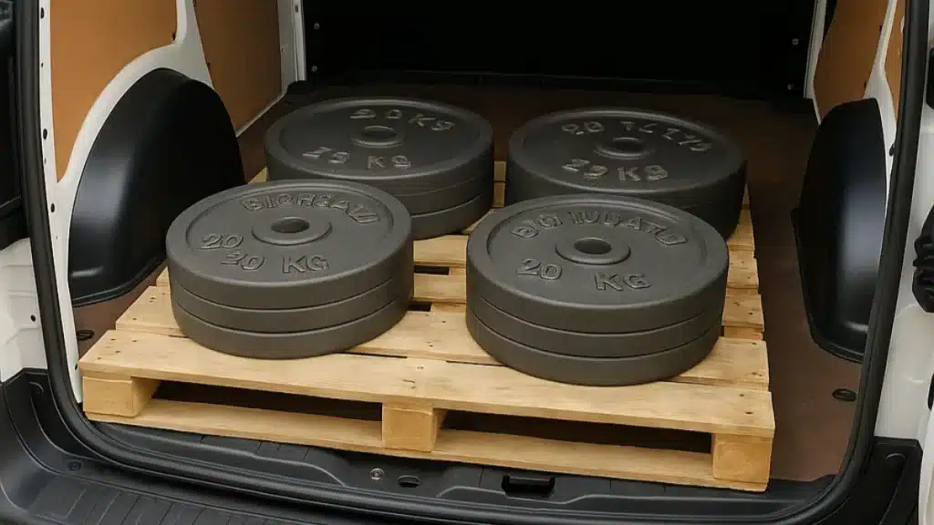 Van test weight dumbell plates on a pallet inside the rear loadspace