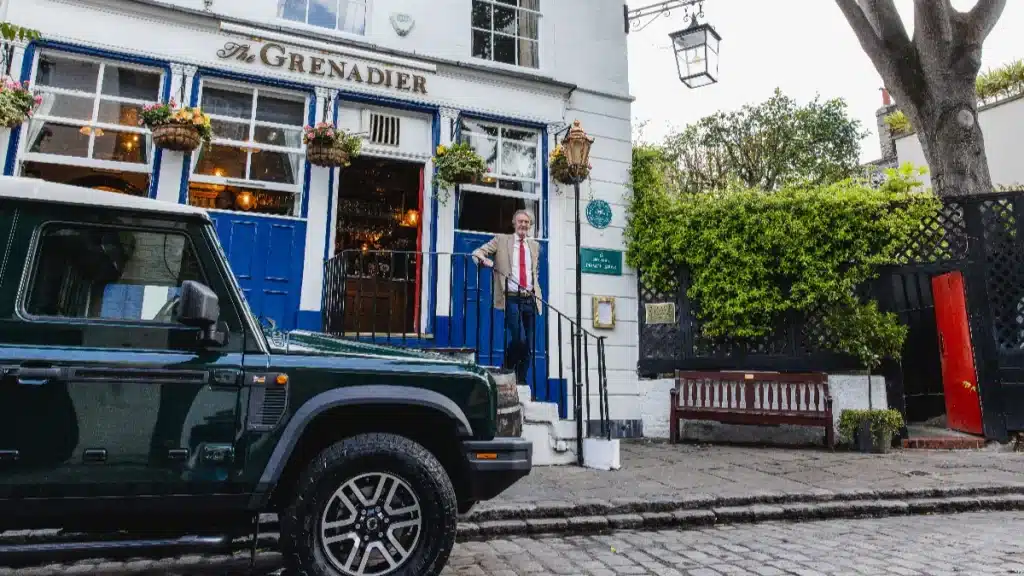 Grenadier outside The Grenadier with Sir Jim