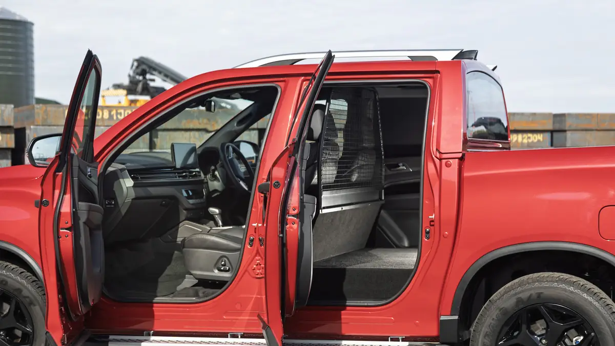 KGM Musso Commercial two-seat pick-up with rear doors open